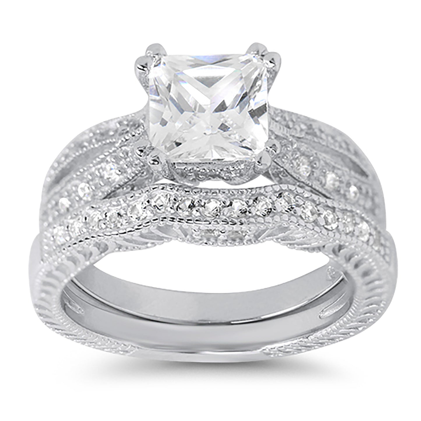 1 Carat Princess Cut CZ Sterling Silver Wedding Engagement Ring Set