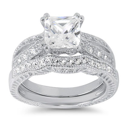 1 Carat Princess Cut CZ Sterling Silver Wedding Engagement Ring Set