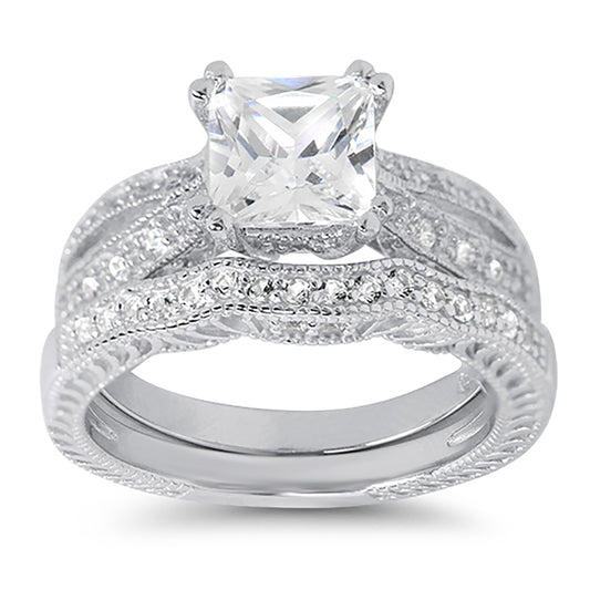 1 Carat Princess Cut CZ Sterling Silver Wedding Engagement Ring Set