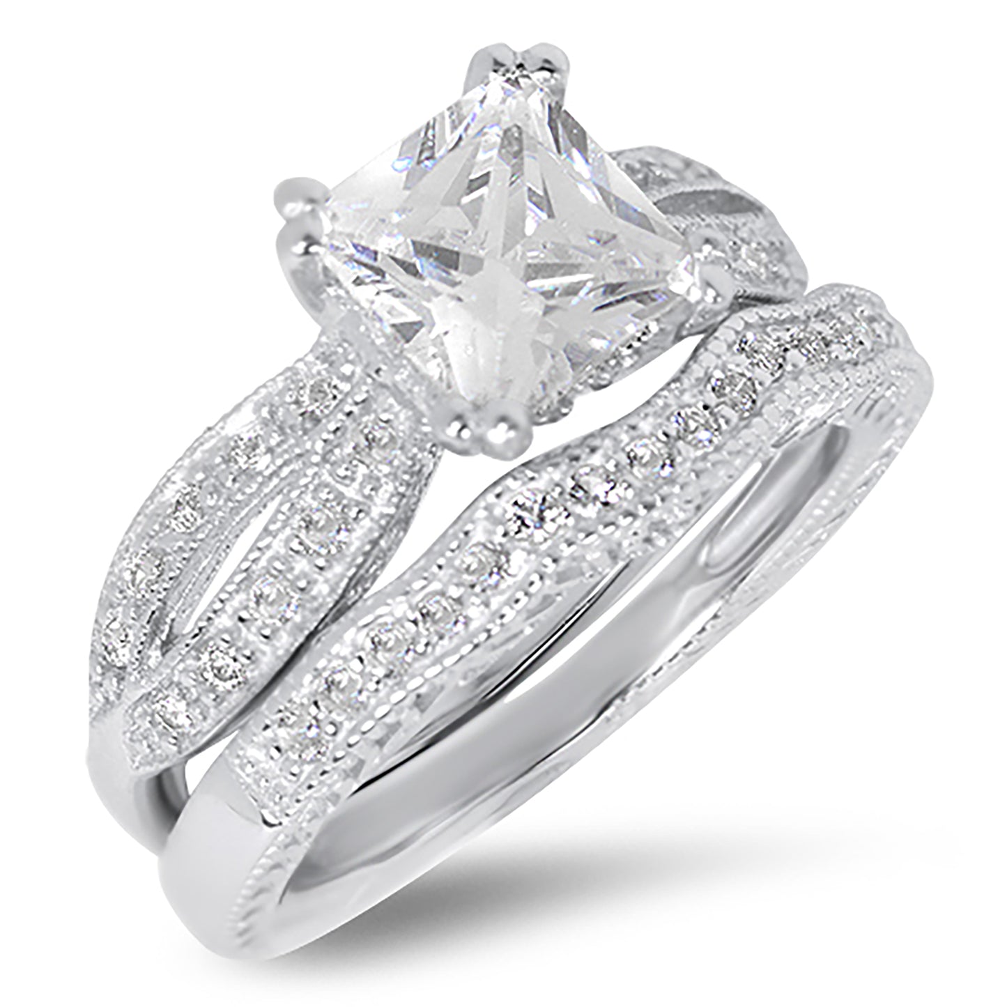 1 Carat Princess Cut CZ Sterling Silver Wedding Engagement Ring Set