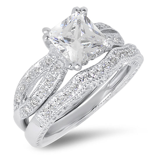 1 Carat Princess Cut CZ Sterling Silver Wedding Engagement Ring Set