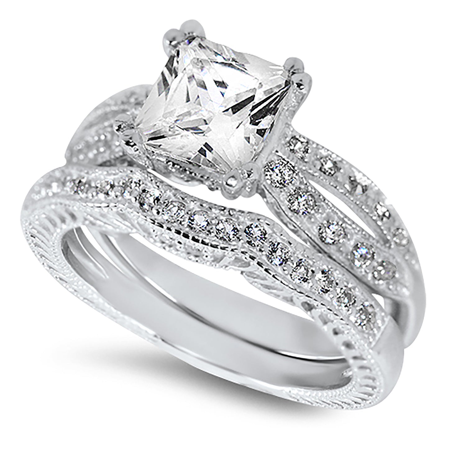 1 Carat Princess Cut CZ Sterling Silver Wedding Engagement Ring Set