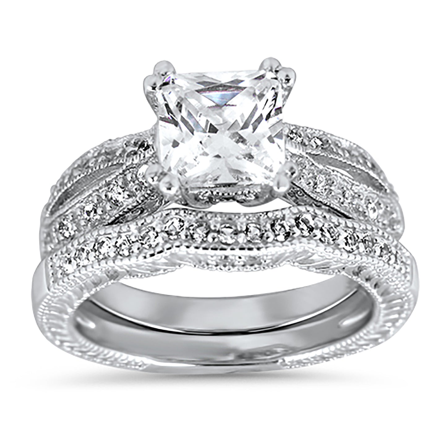 1 Carat Princess Cut CZ Sterling Silver Wedding Engagement Ring Set