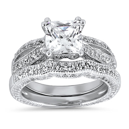 1 Carat Princess Cut CZ Sterling Silver Wedding Engagement Ring Set