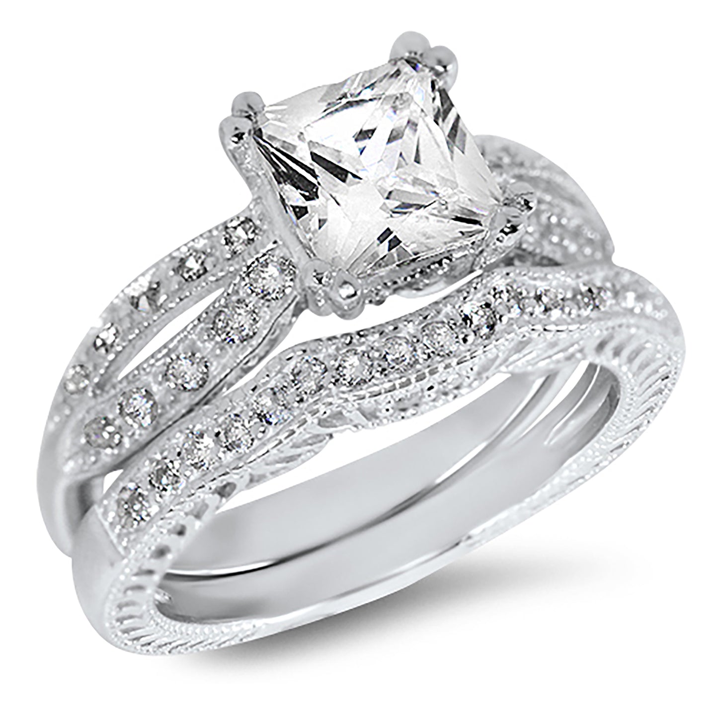 1 Carat Princess Cut CZ Sterling Silver Wedding Engagement Ring Set