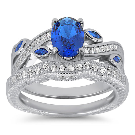 1 Carat Oval Blue White CZ Wedding Engagement Ring Set