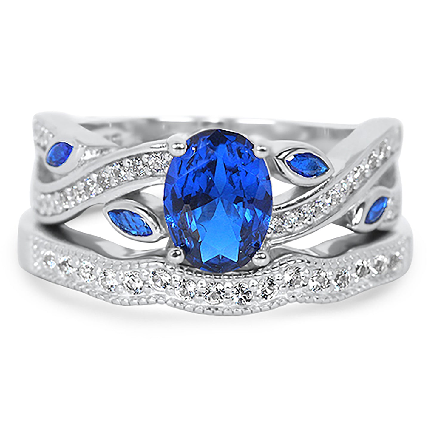 1 Carat Oval Blue White CZ Wedding Engagement Ring Set