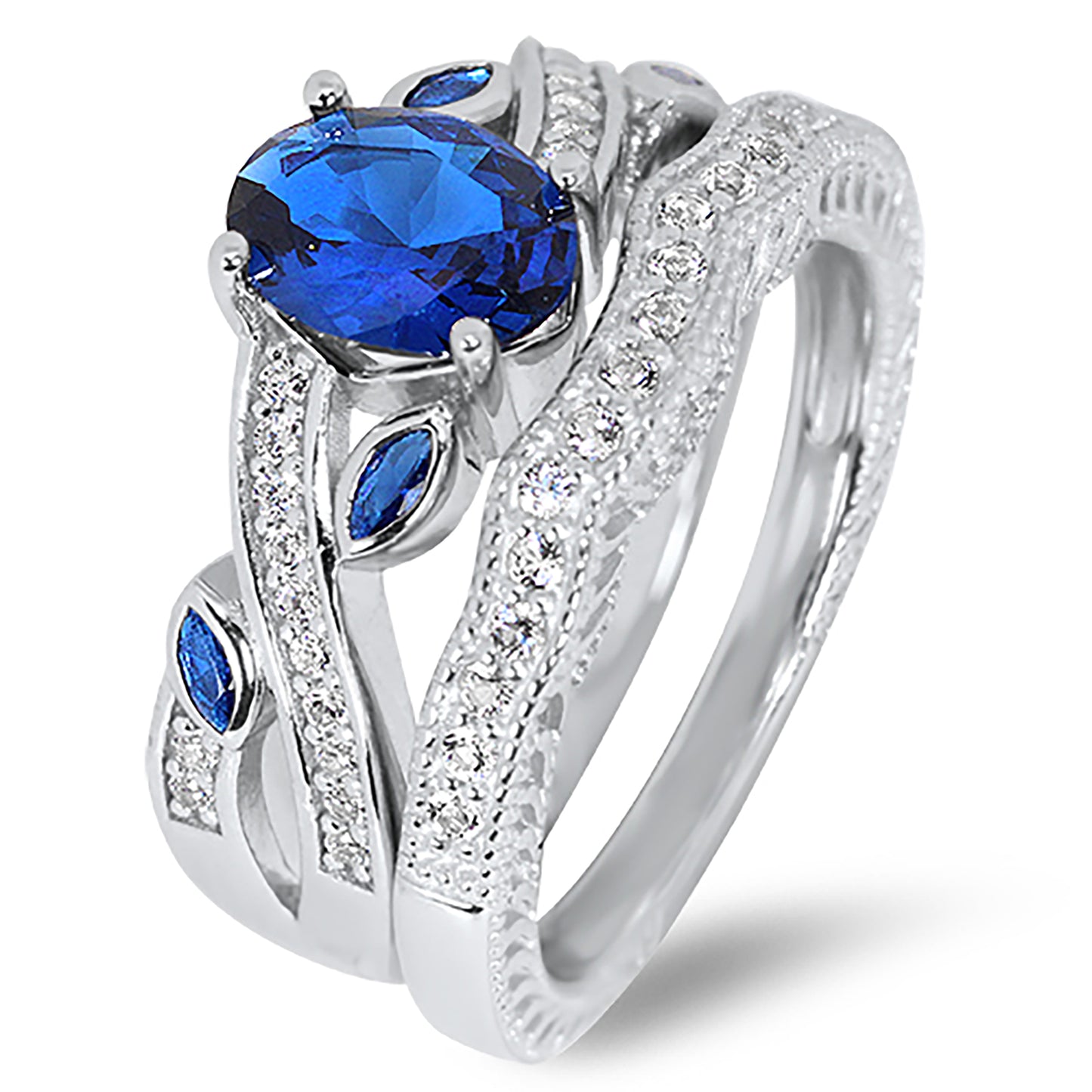 1 Carat Oval Blue White CZ Wedding Engagement Ring Set