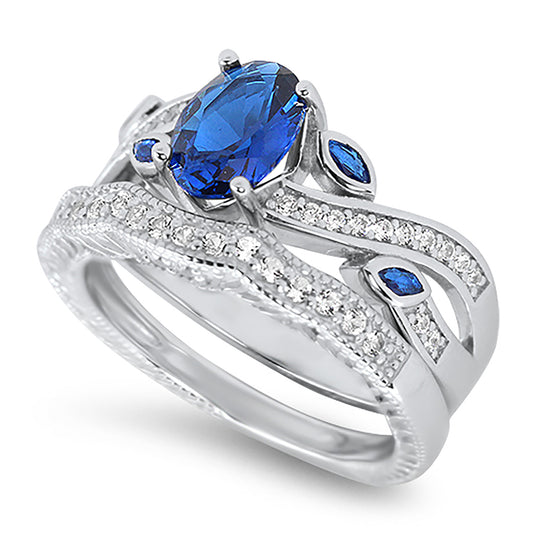 1 Carat Oval Blue White CZ Wedding Engagement Ring Set
