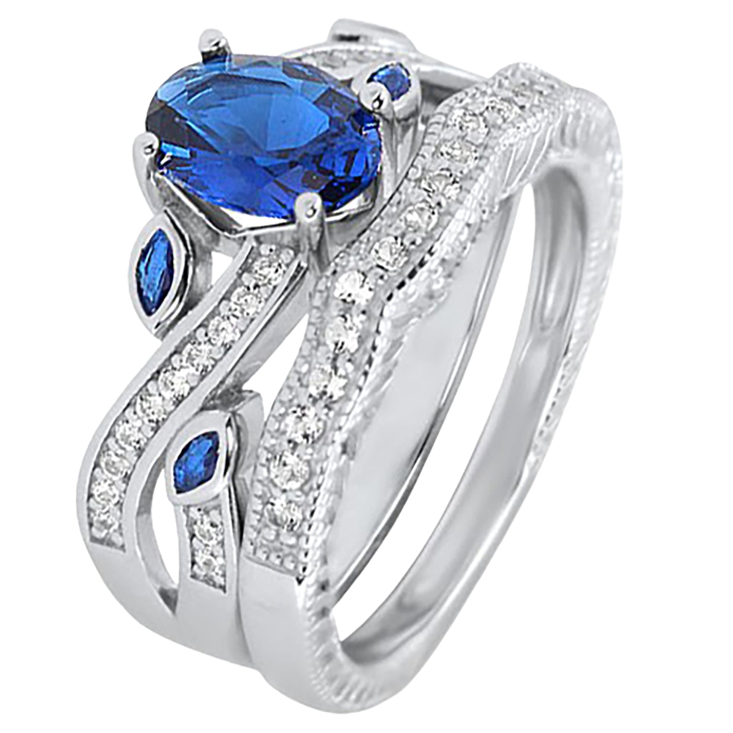 1 Carat Oval Blue White CZ Wedding Engagement Ring Set