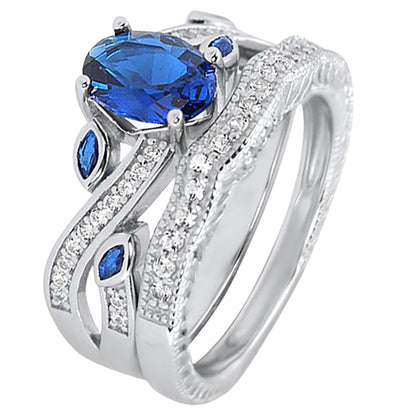 1 Carat Oval Blue White CZ Wedding Engagement Ring Set