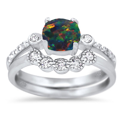 1 Carat Fire Opal Sterling Silver Wedding Engagement Ring Set