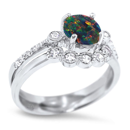 1 Carat Fire Opal Sterling Silver Wedding Engagement Ring Set