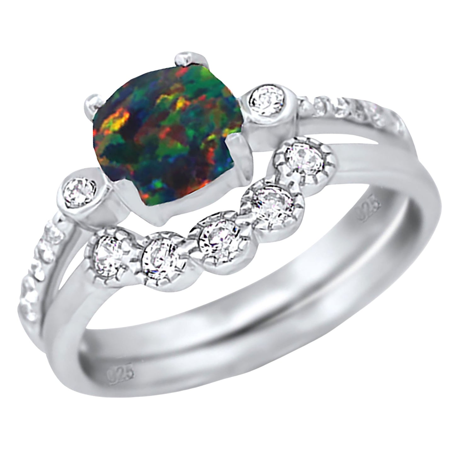 1 Carat Fire Opal Sterling Silver Wedding Engagement Ring Set