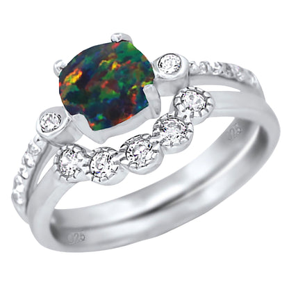 1 Carat Fire Opal Sterling Silver Wedding Engagement Ring Set