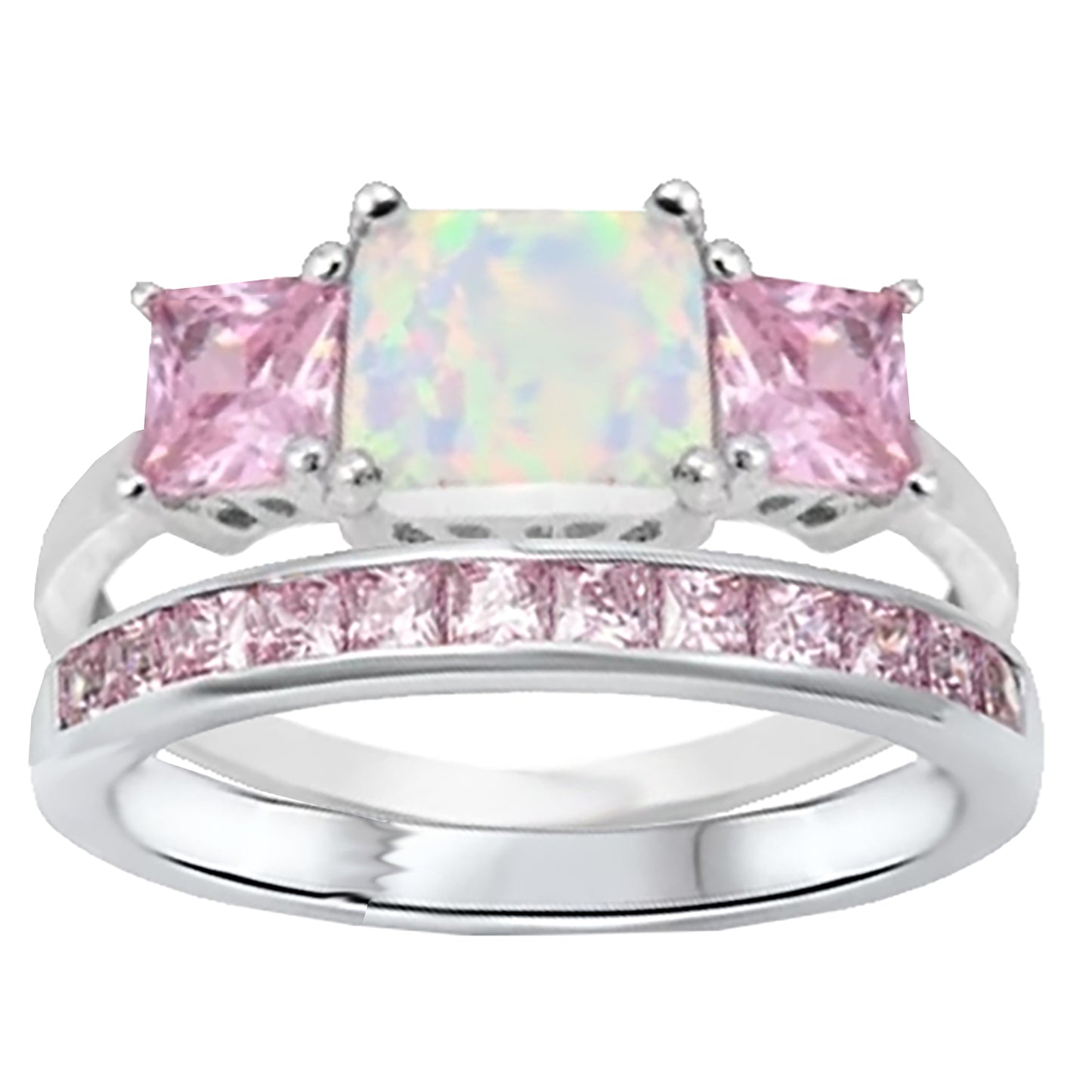 1.5 Carat Lab Created Opal and Pink CZ Silver Wedding Ring Set