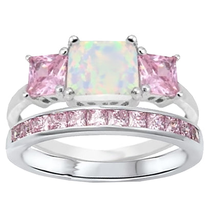 1.5 Carat Lab Created Opal and Pink CZ Silver Wedding Ring Set
