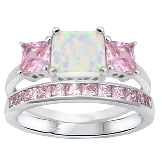 1.5 Carat Lab Created Opal and Pink CZ Silver Wedding Ring Set
