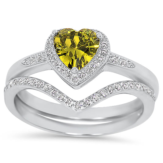 1 Carat Heart Cut Peridot Color CZ Sterling Silver Wedding Ring Set