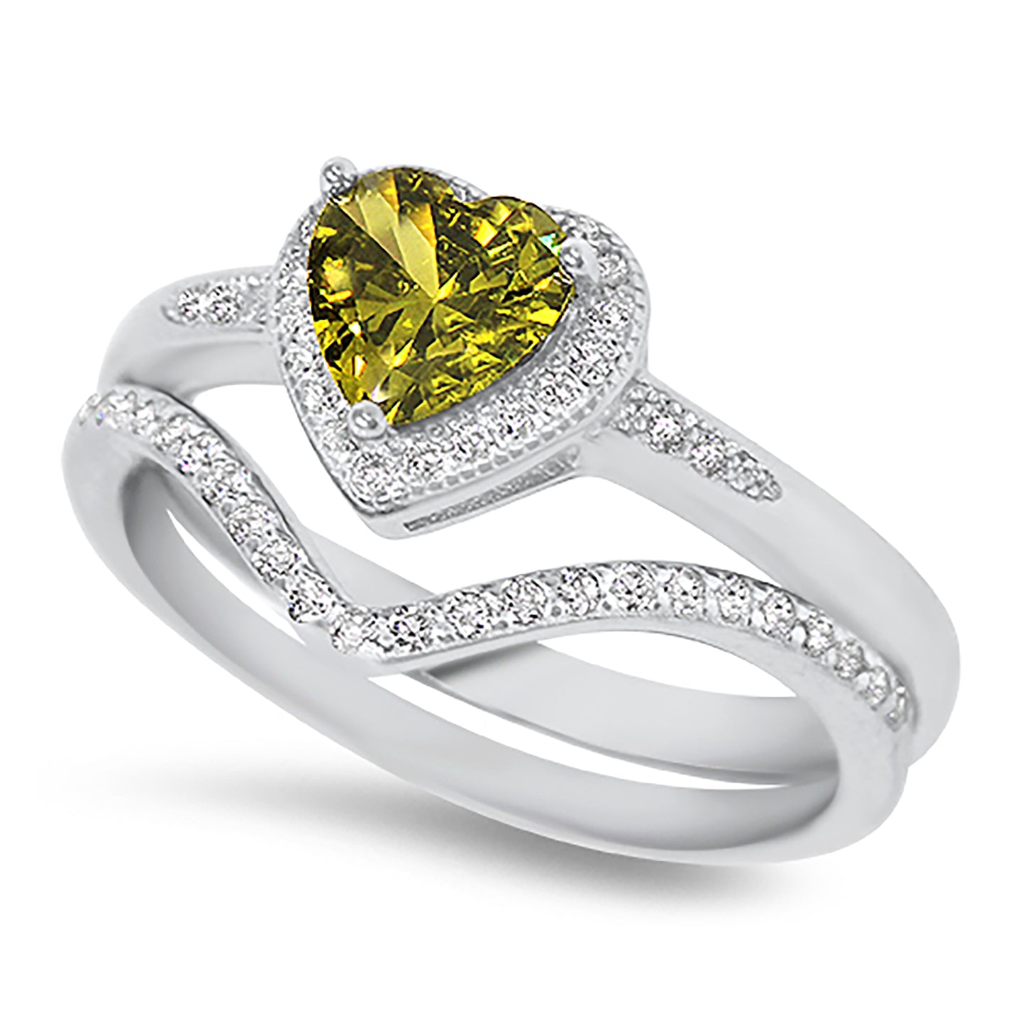 1 Carat Heart Cut Peridot Color CZ Sterling Silver Wedding Ring Set