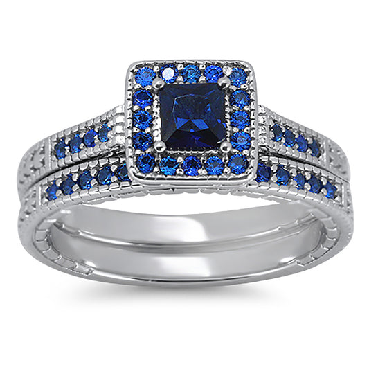 Unique Blue CZ Halo Setting Sterling Silver Wedding Engagement Ring Set