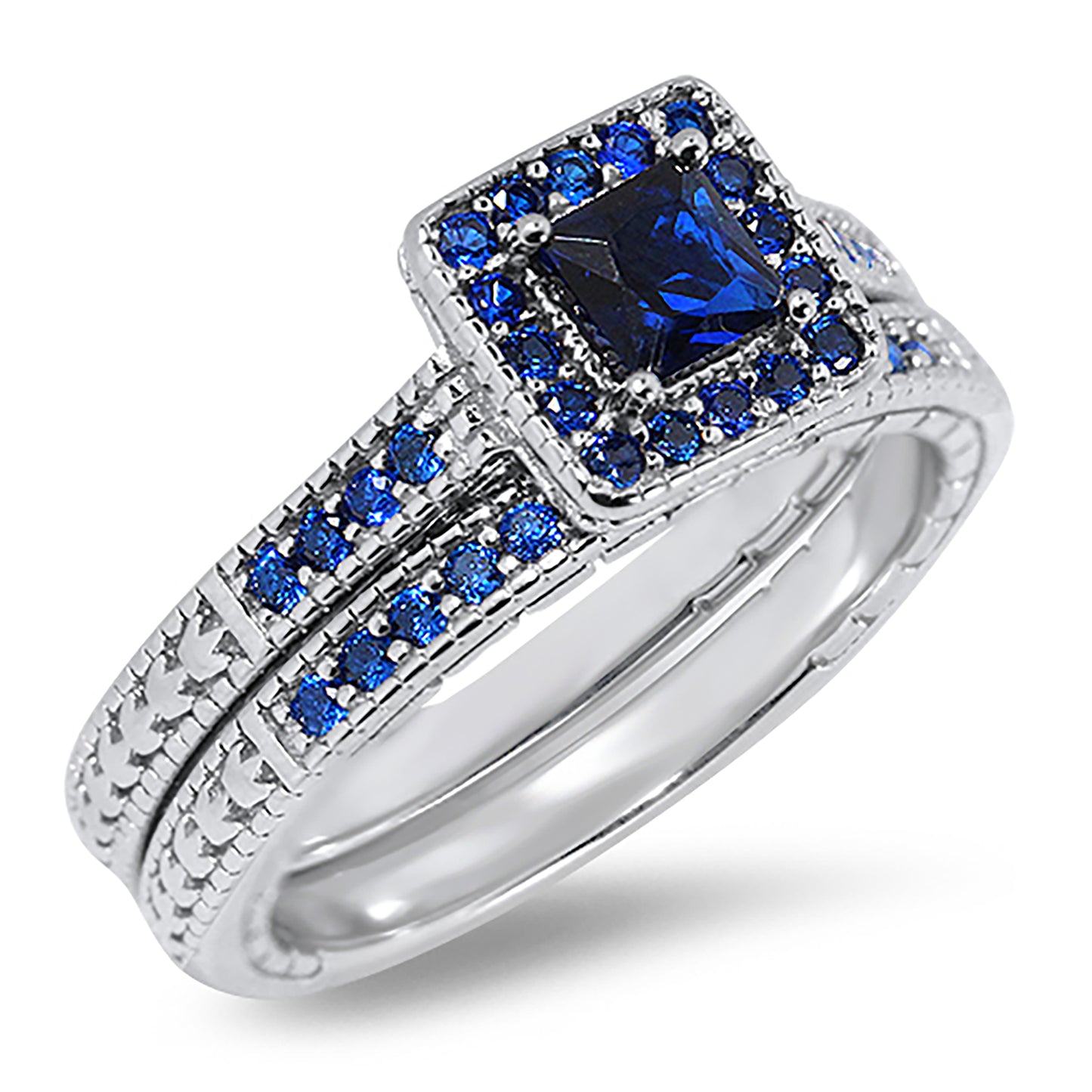 Unique Blue CZ Halo Setting Sterling Silver Wedding Engagement Ring Set