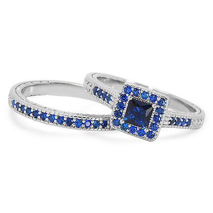 Unique Blue CZ Halo Setting Sterling Silver Wedding Engagement Ring Set