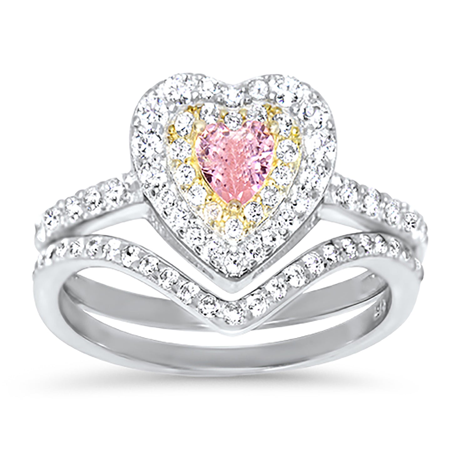 1 Carat Pink Heart Cut CZ Sterling Silver Wedding Engagement Ring Set