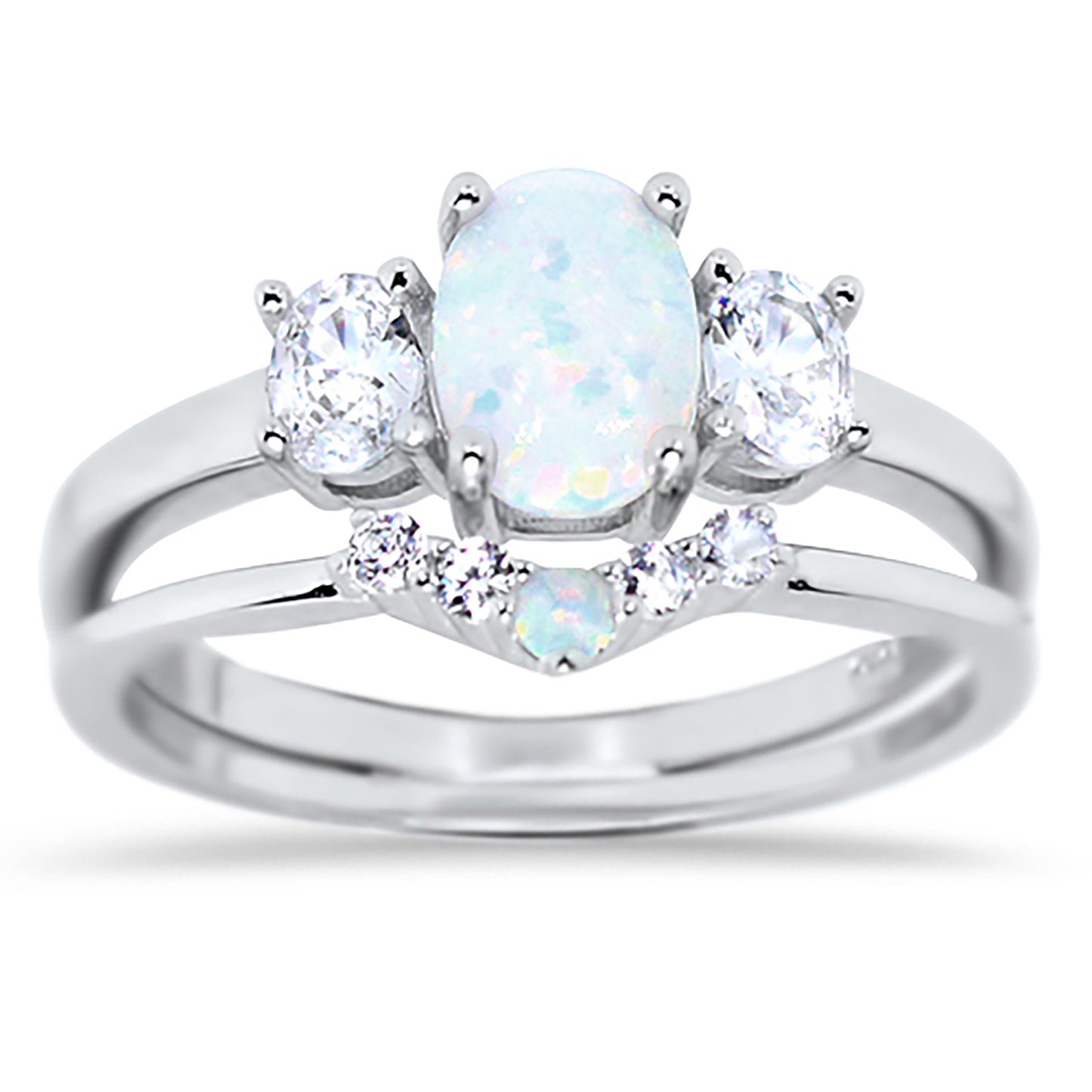 3 Stone Lab Created White Opal CZ Sterling Silver Wedding Engagement Ring Set