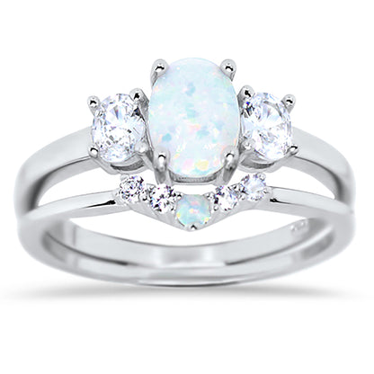 3 Stone Lab Created White Opal CZ Sterling Silver Wedding Engagement Ring Set