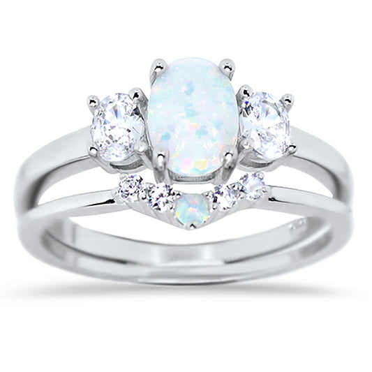 3 Stone Lab Created White Opal CZ Sterling Silver Wedding Engagement Ring Set