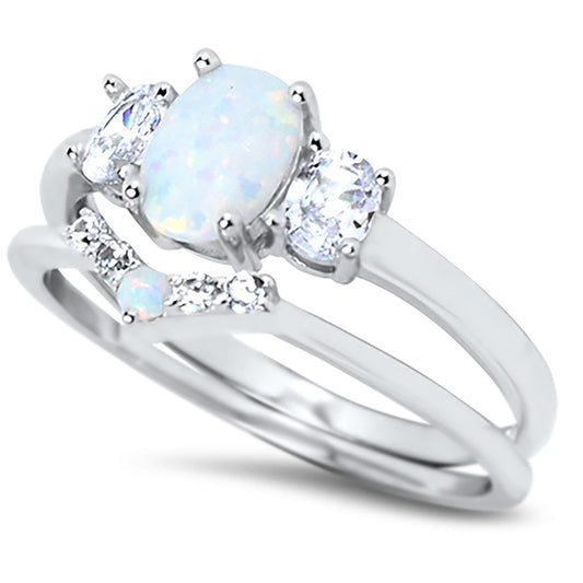 3 Stone Lab Created White Opal CZ Sterling Silver Wedding Engagement Ring Set