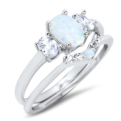 3 Stone Lab Created White Opal CZ Sterling Silver Wedding Engagement Ring Set