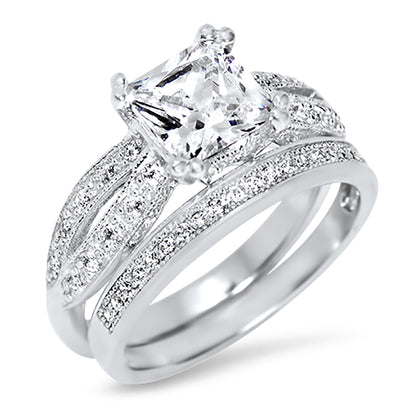 1 Carat Princess Cut CZ Silver Wedding Engagement Ring Set