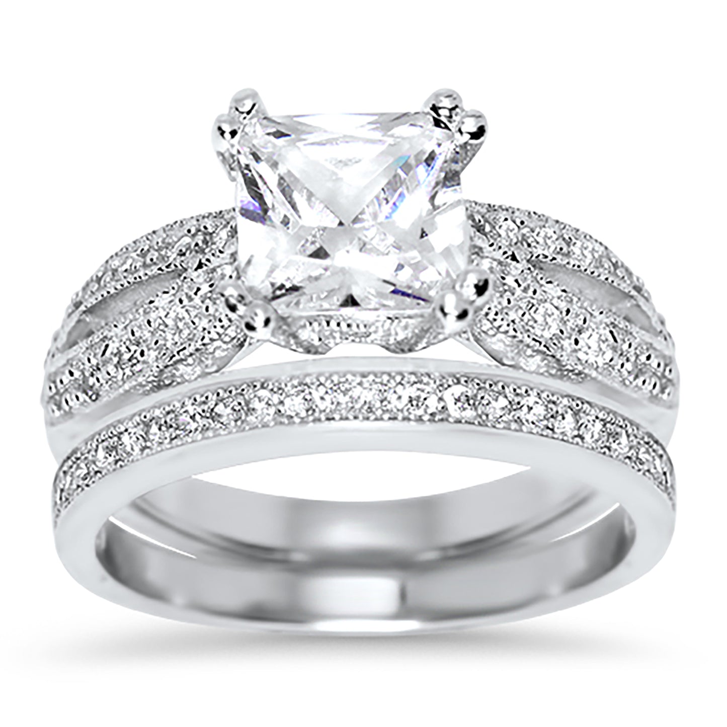 1 Carat Princess Cut CZ Silver Wedding Engagement Ring Set