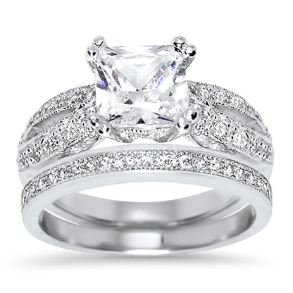 1 Carat Princess Cut CZ Silver Wedding Engagement Ring Set