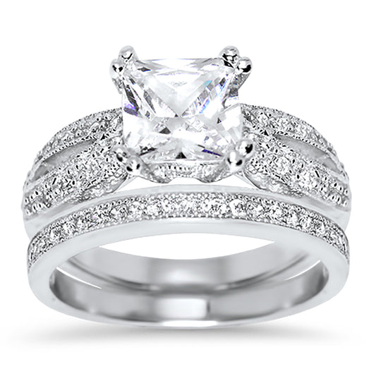 1 Carat Princess Cut CZ Silver Wedding Engagement Ring Set