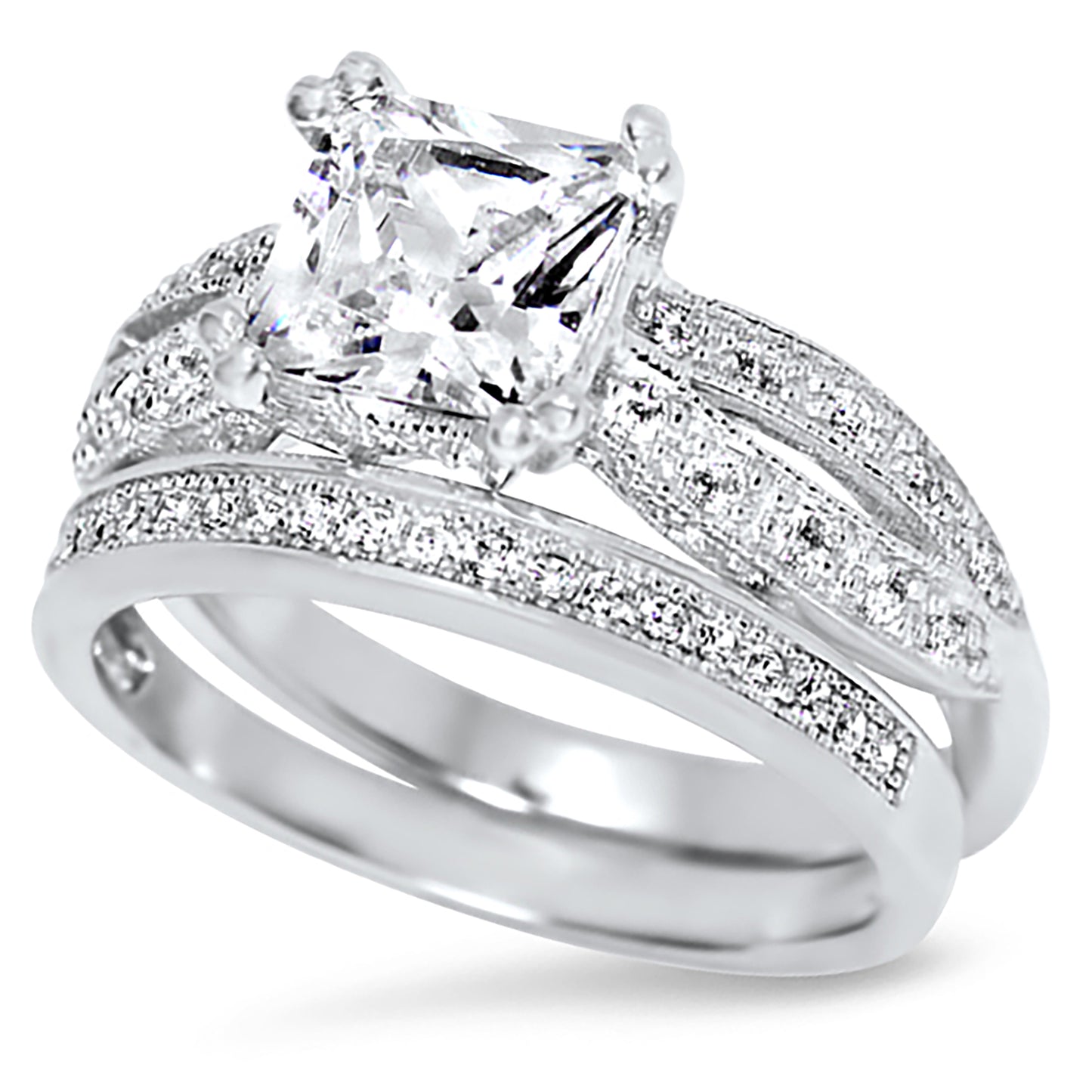 1 Carat Princess Cut CZ Silver Wedding Engagement Ring Set