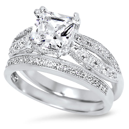 1 Carat Princess Cut CZ Silver Wedding Engagement Ring Set