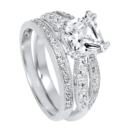 1 Carat Princess Cut CZ Silver Wedding Engagement Ring Set