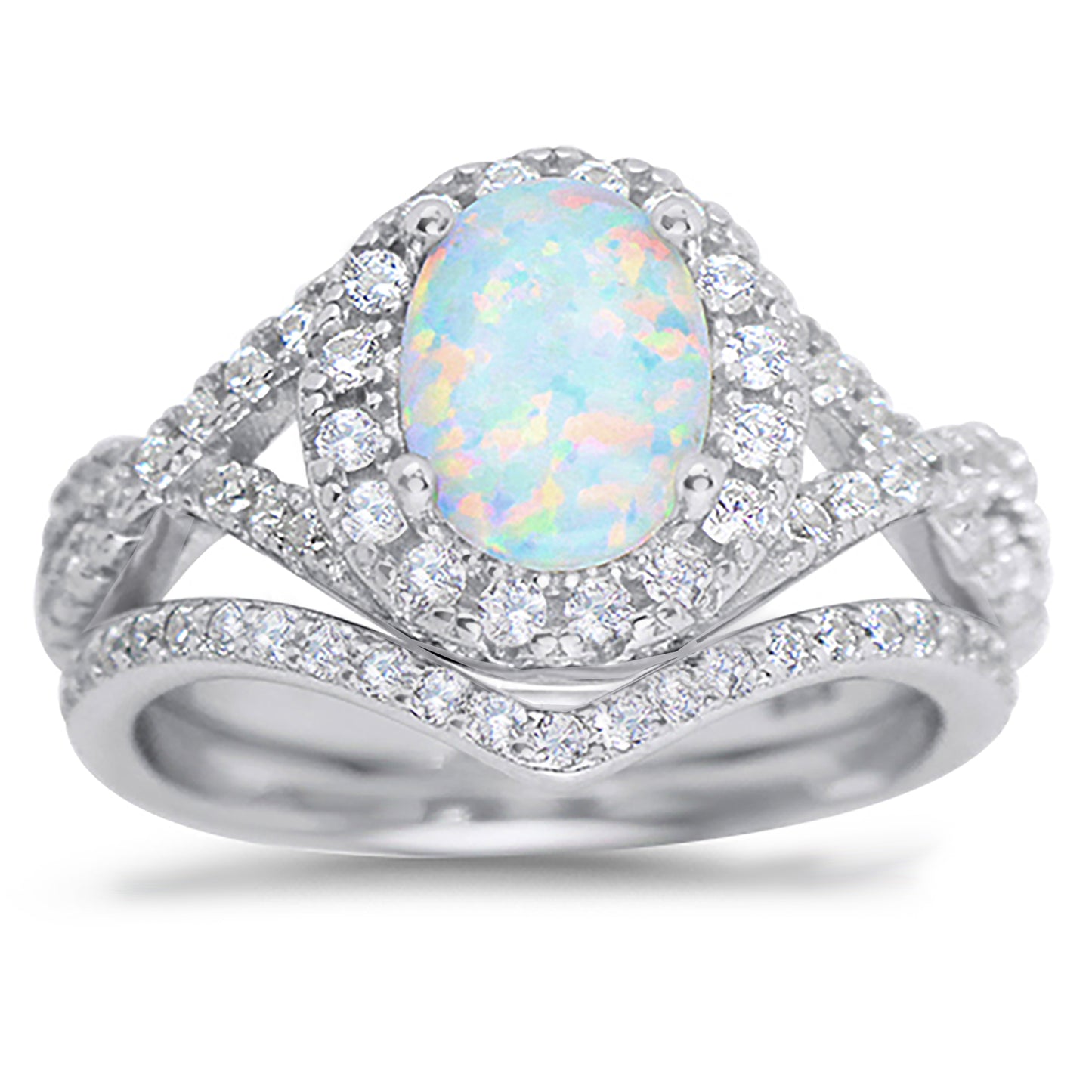 Lab Created White Opal Set in Sterling Silver Antique Design Wedding Ring Set