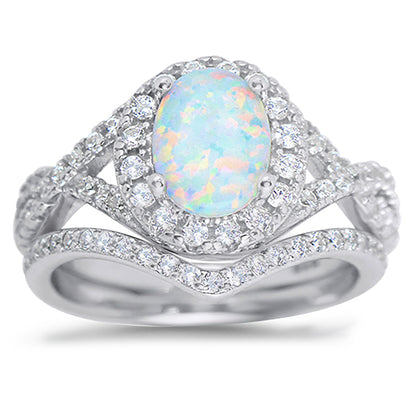 Lab Created White Opal Set in Sterling Silver Antique Design Wedding Ring Set