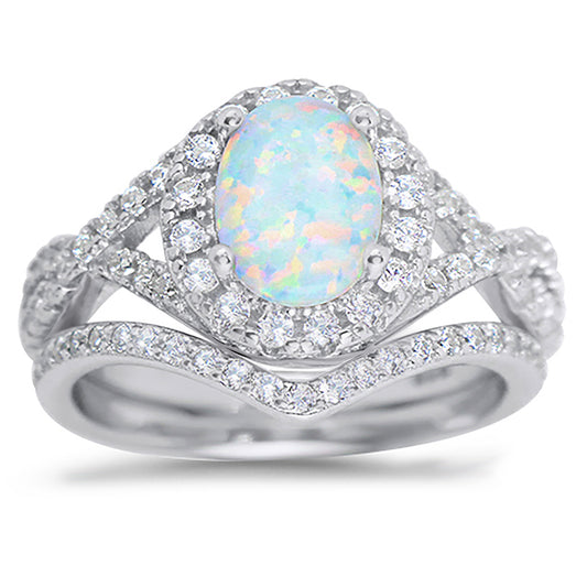 Lab Created White Opal Set in Sterling Silver Antique Design Wedding Ring Set