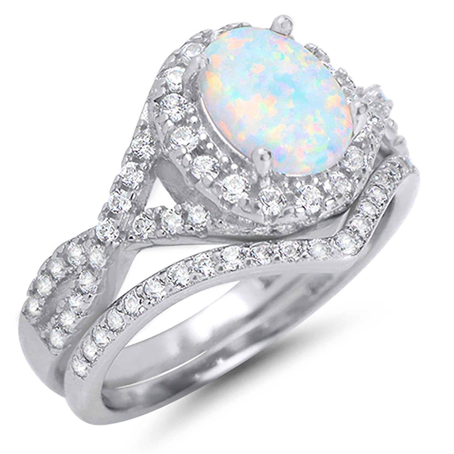 Lab Created White Opal Set in Sterling Silver Antique Design Wedding Ring Set