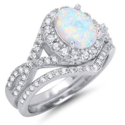 Lab Created White Opal Set in Sterling Silver Antique Design Wedding Ring Set