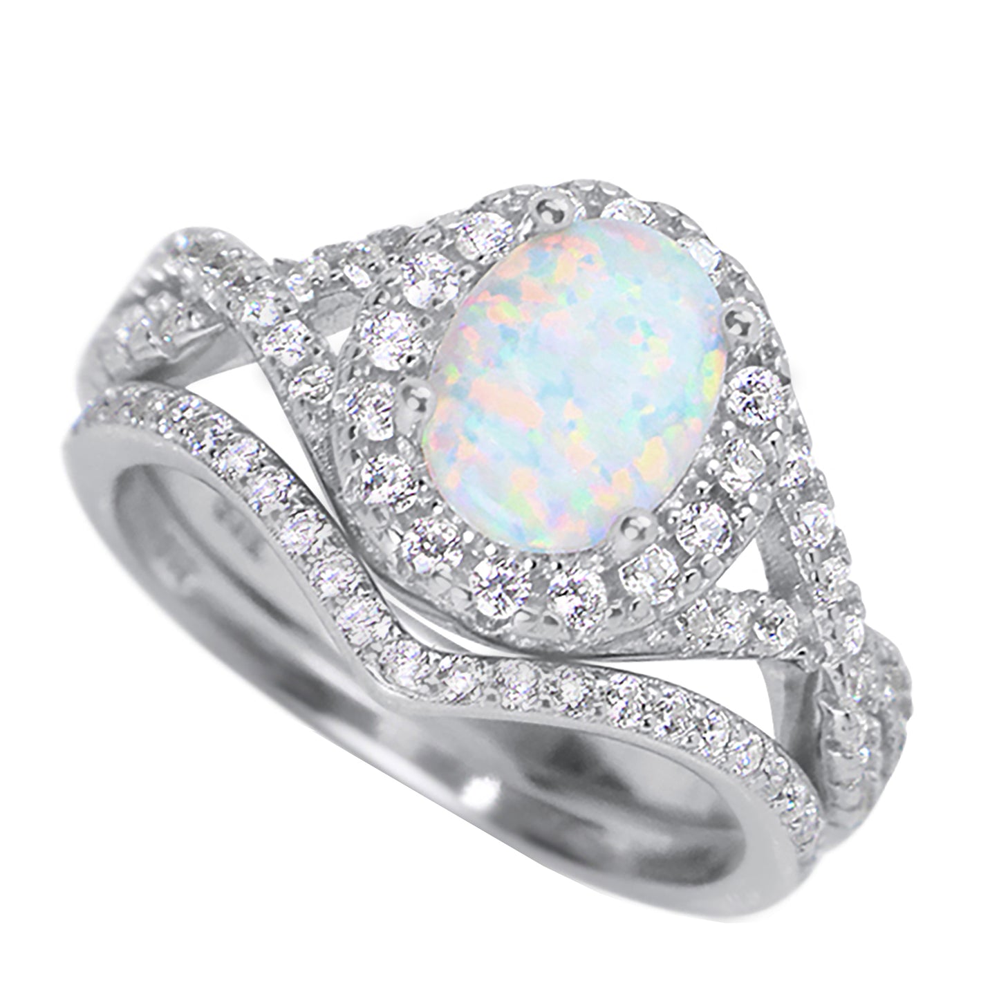 Lab Created White Opal Set in Sterling Silver Antique Design Wedding Ring Set