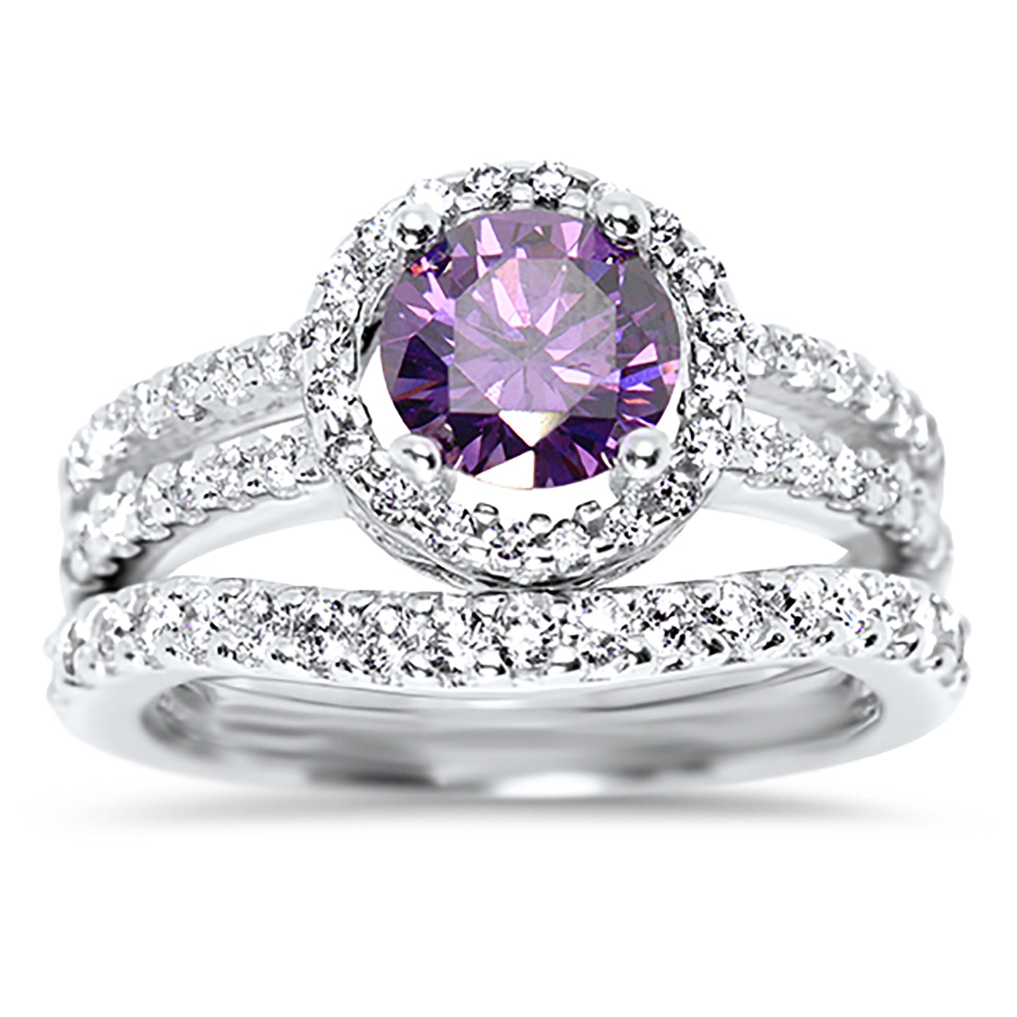 1.5 Carat Oval Purple CZ Silver Wedding Engagement Ring Set