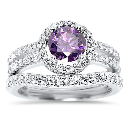 1.5 Carat Oval Purple CZ Silver Wedding Engagement Ring Set