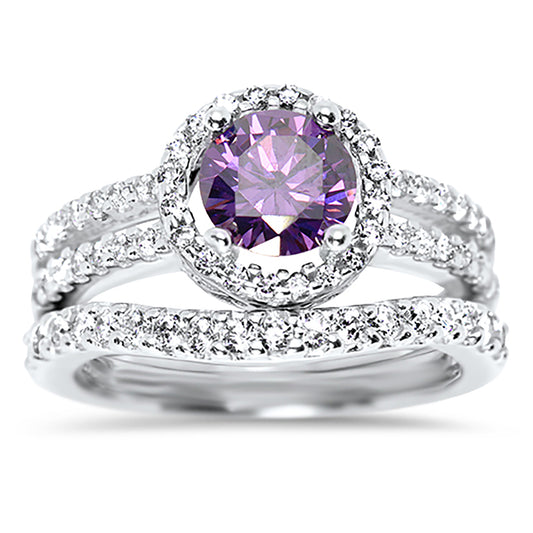 1.5 Carat Oval Purple CZ Silver Wedding Engagement Ring Set