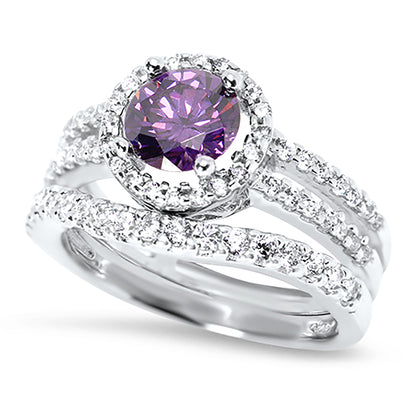 1.5 Carat Oval Purple CZ Silver Wedding Engagement Ring Set
